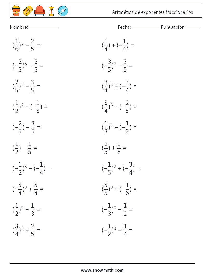 Aritmética de exponentes fraccionarios Hojas de trabajo de matemáticas 1