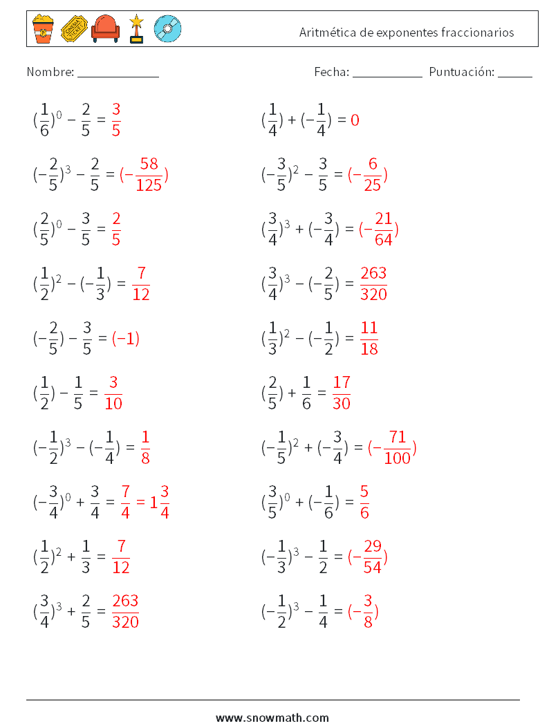 Aritmética de exponentes fraccionarios Hojas de trabajo de matemáticas 1 Pregunta, respuesta