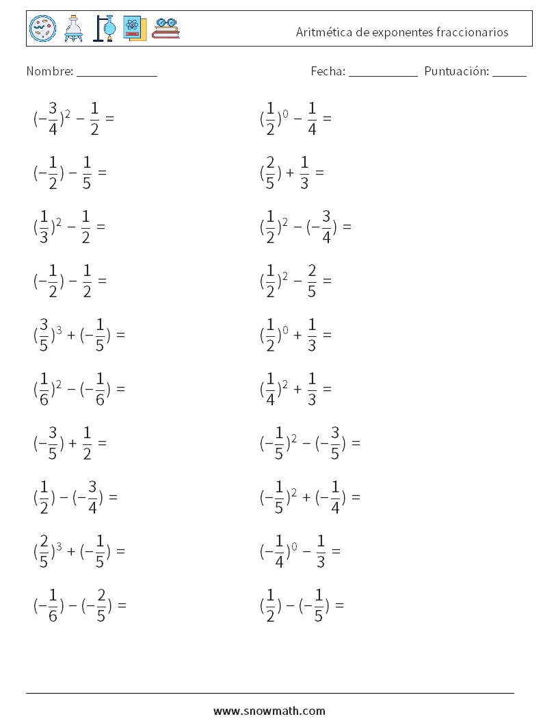 Aritmética de exponentes fraccionarios Hojas de trabajo de matemáticas 2