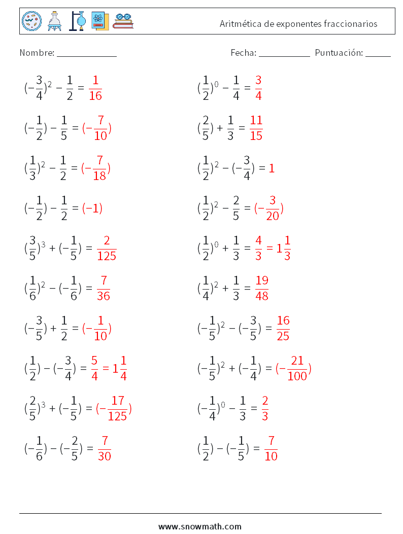 Aritmética de exponentes fraccionarios Hojas de trabajo de matemáticas 2 Pregunta, respuesta