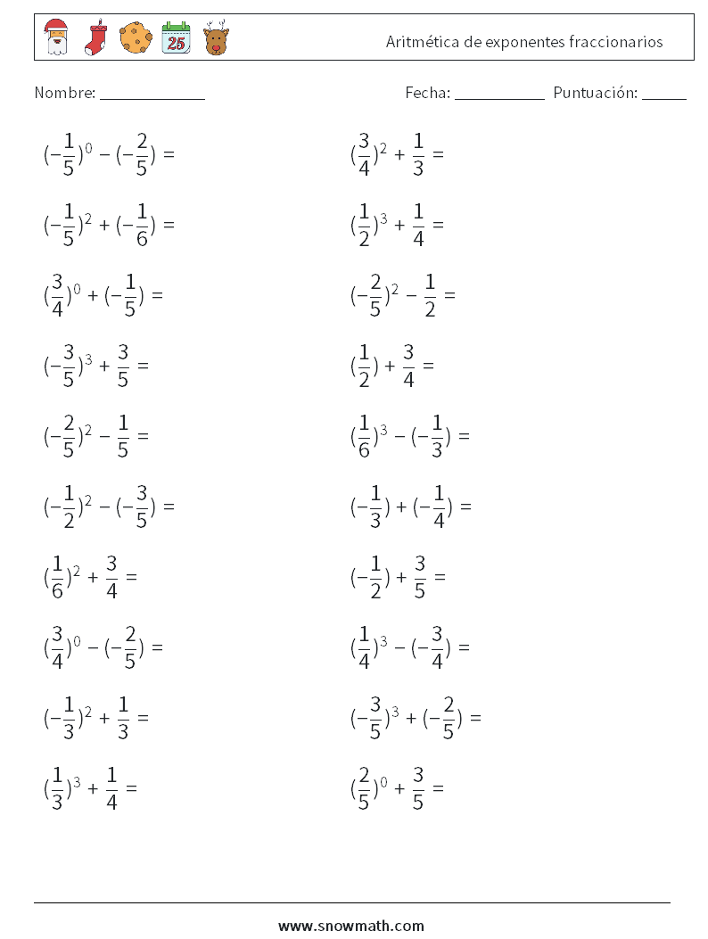 Aritmética de exponentes fraccionarios Hojas de trabajo de matemáticas 3
