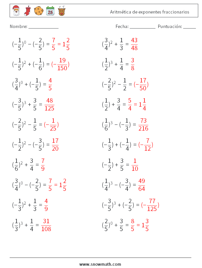 Aritmética de exponentes fraccionarios Hojas de trabajo de matemáticas 3 Pregunta, respuesta