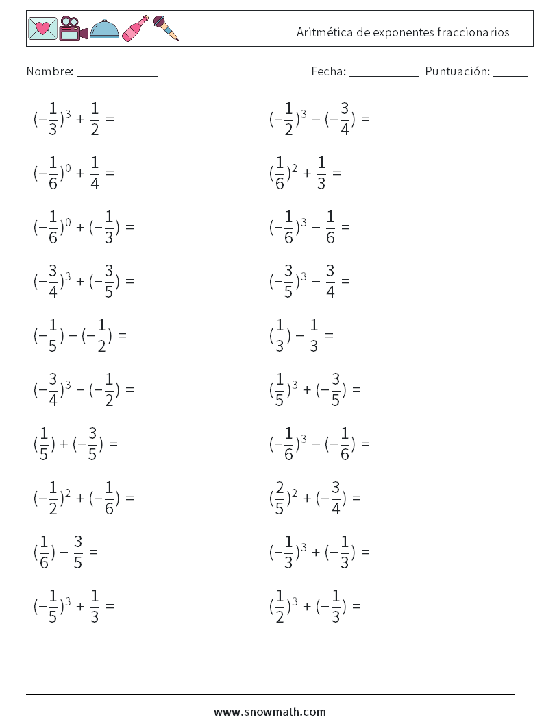 Aritmética de exponentes fraccionarios Hojas de trabajo de matemáticas 5