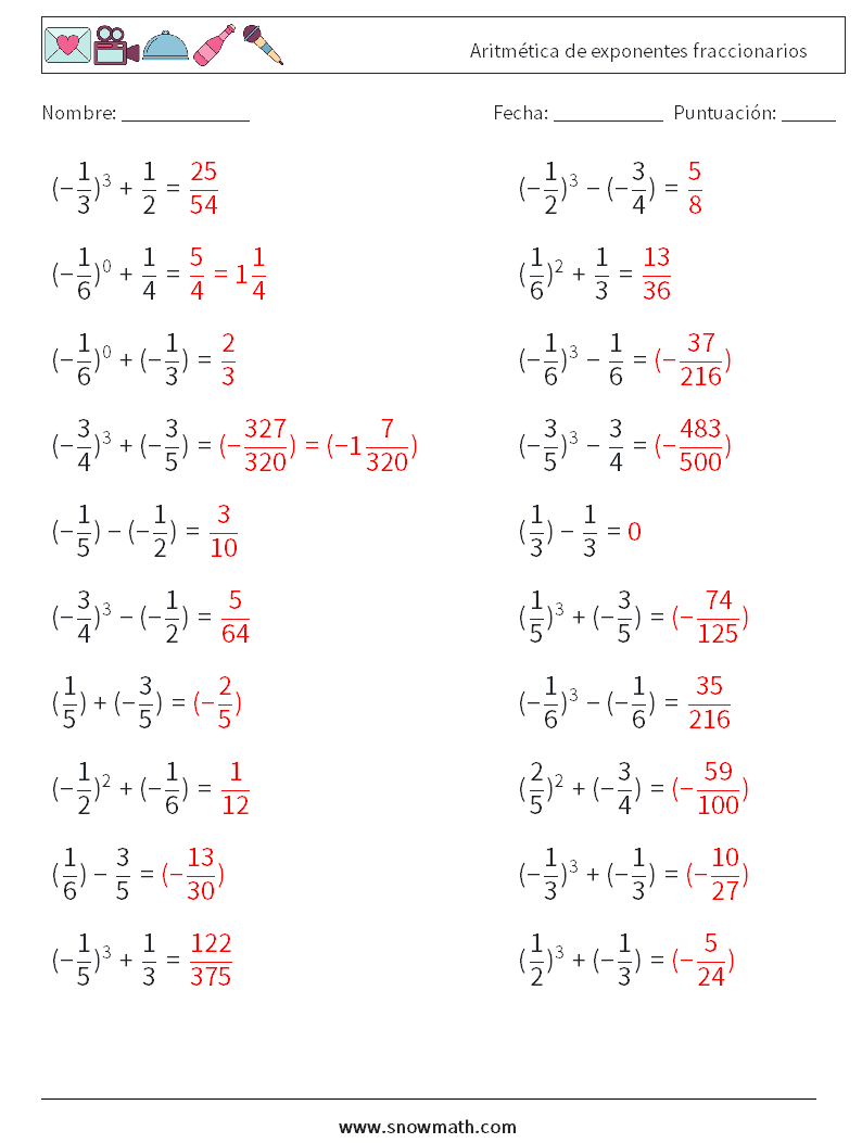 Aritmética de exponentes fraccionarios Hojas de trabajo de matemáticas 5 Pregunta, respuesta
