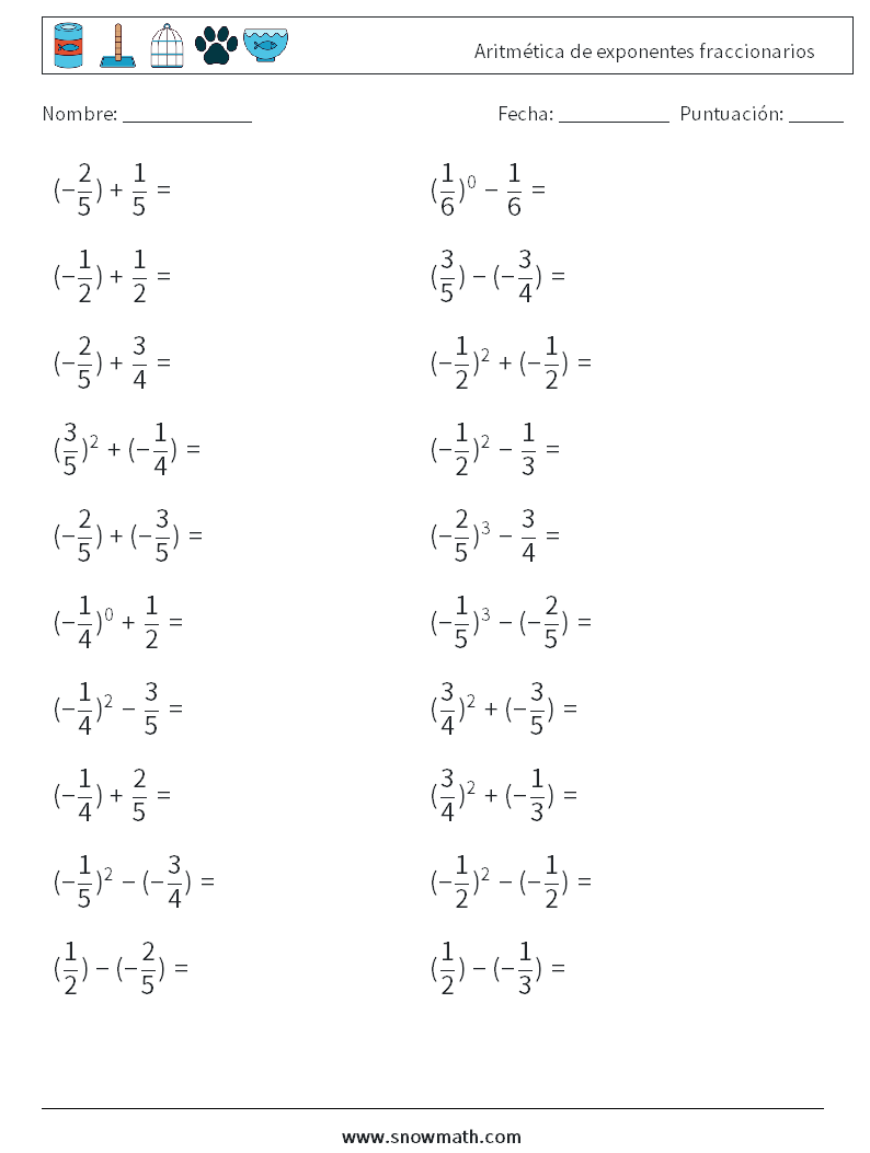 Aritmética de exponentes fraccionarios Hojas de trabajo de matemáticas 6