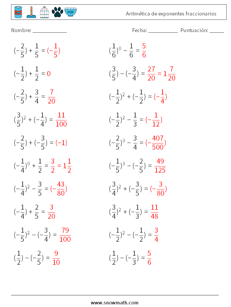 Aritmética de exponentes fraccionarios Hojas de trabajo de matemáticas 6 Pregunta, respuesta
