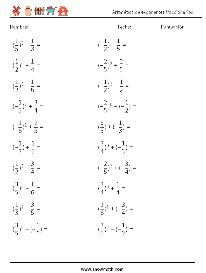 Aritmética de exponentes fraccionarios Hojas de trabajo de matemáticas 7
