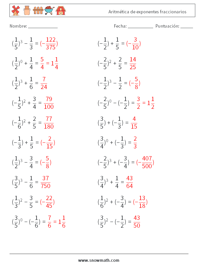 Aritmética de exponentes fraccionarios Hojas de trabajo de matemáticas 7 Pregunta, respuesta