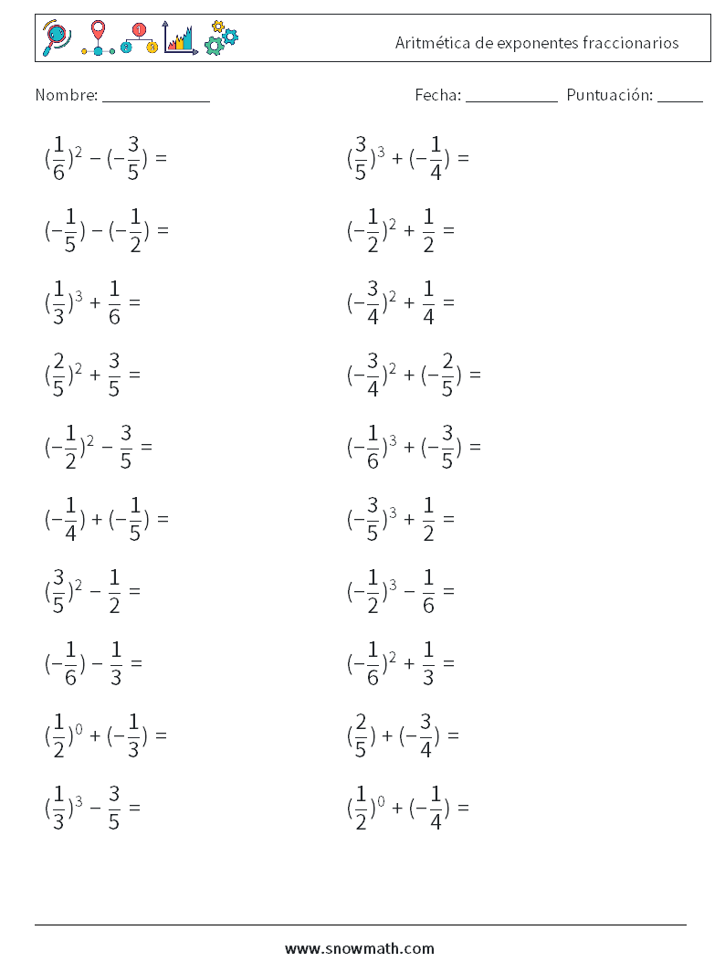 Aritmética de exponentes fraccionarios Hojas de trabajo de matemáticas 8