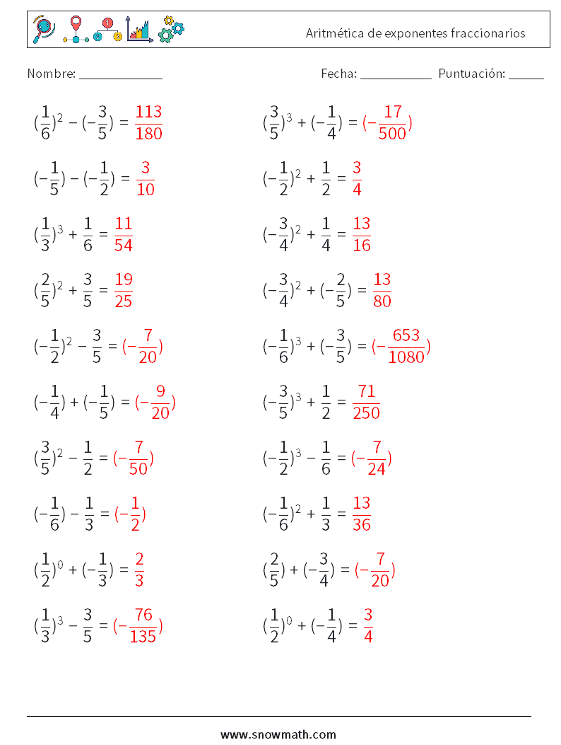Aritmética de exponentes fraccionarios Hojas de trabajo de matemáticas 8 Pregunta, respuesta
