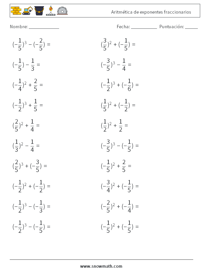 Aritmética de exponentes fraccionarios Hojas de trabajo de matemáticas 9
