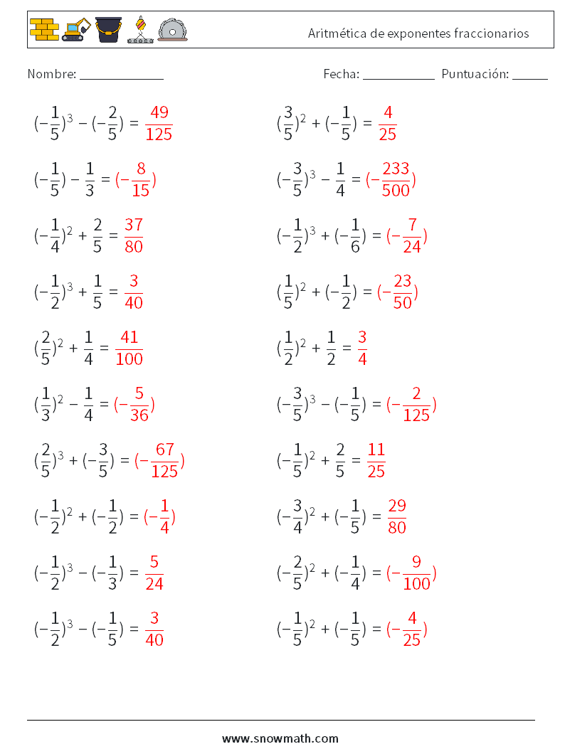 Aritmética de exponentes fraccionarios Hojas de trabajo de matemáticas 9 Pregunta, respuesta