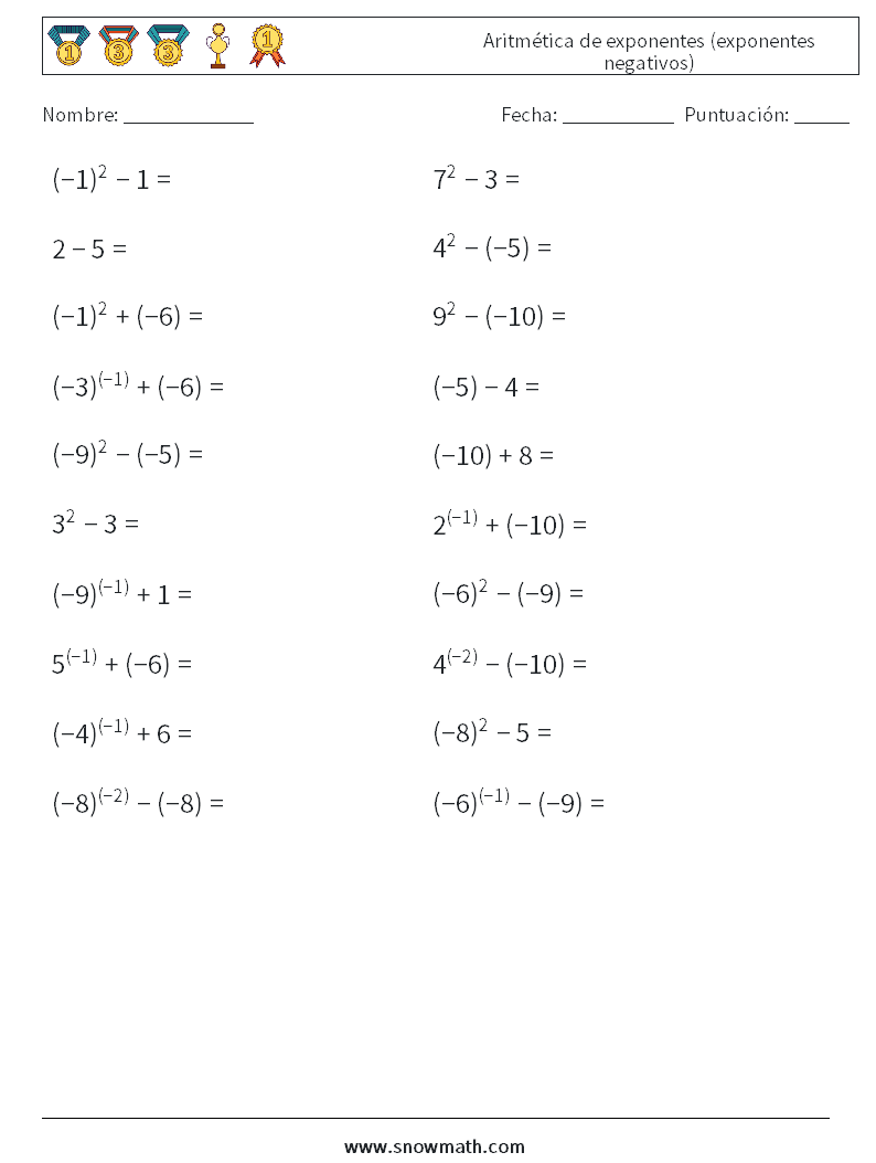  Aritmética de exponentes (exponentes negativos) Hojas de trabajo de matemáticas 1