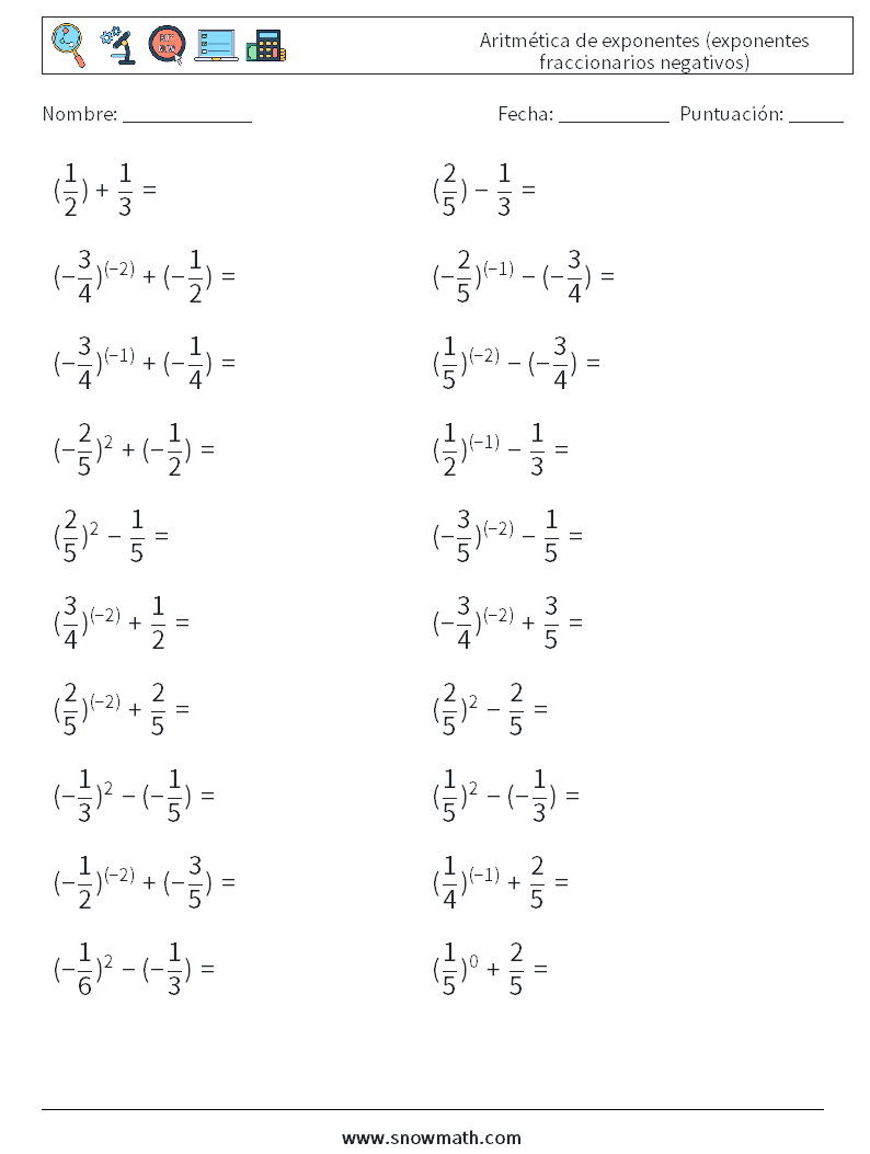  Aritmética de exponentes (exponentes fraccionarios negativos) Hojas de trabajo de matemáticas 1