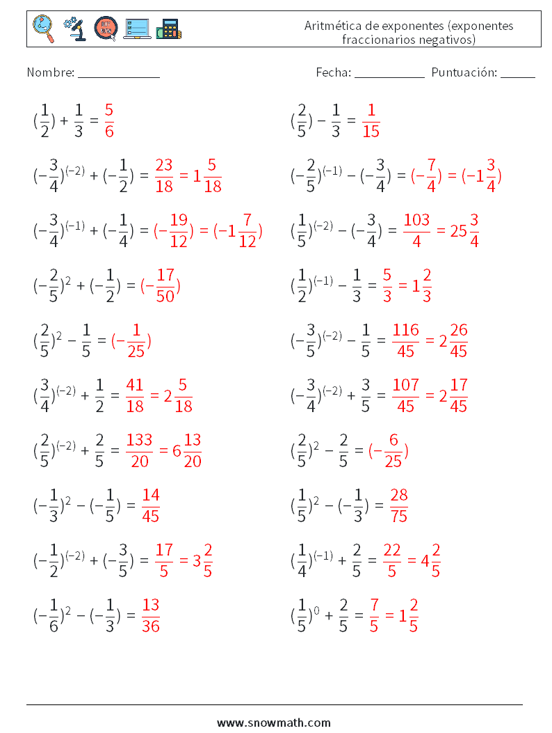  Aritmética de exponentes (exponentes fraccionarios negativos) Hojas de trabajo de matemáticas 1 Pregunta, respuesta