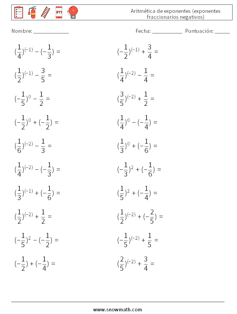  Aritmética de exponentes (exponentes fraccionarios negativos) Hojas de trabajo de matemáticas 2