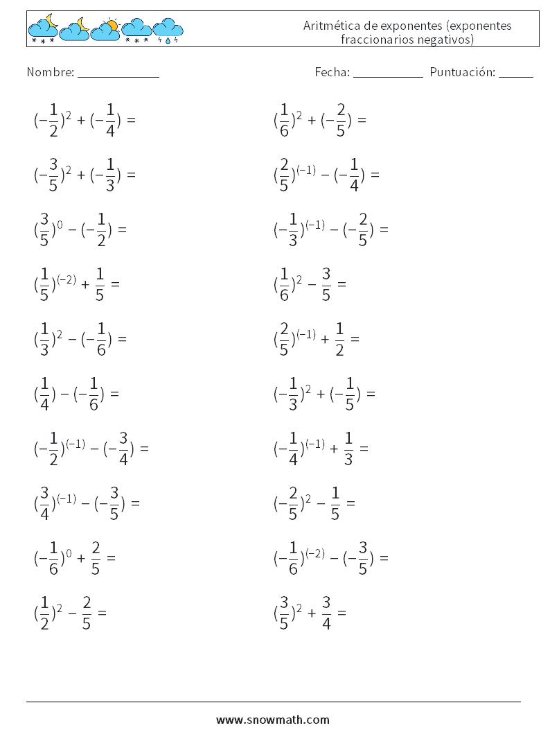 Aritmética de exponentes (exponentes fraccionarios negativos) Hojas de trabajo de matemáticas 3