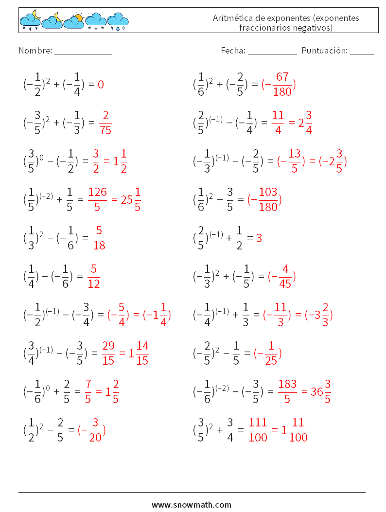  Aritmética de exponentes (exponentes fraccionarios negativos) Hojas de trabajo de matemáticas 3 Pregunta, respuesta
