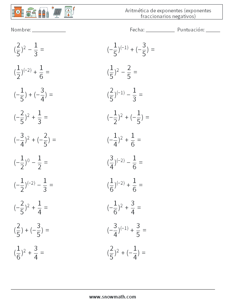  Aritmética de exponentes (exponentes fraccionarios negativos) Hojas de trabajo de matemáticas 4