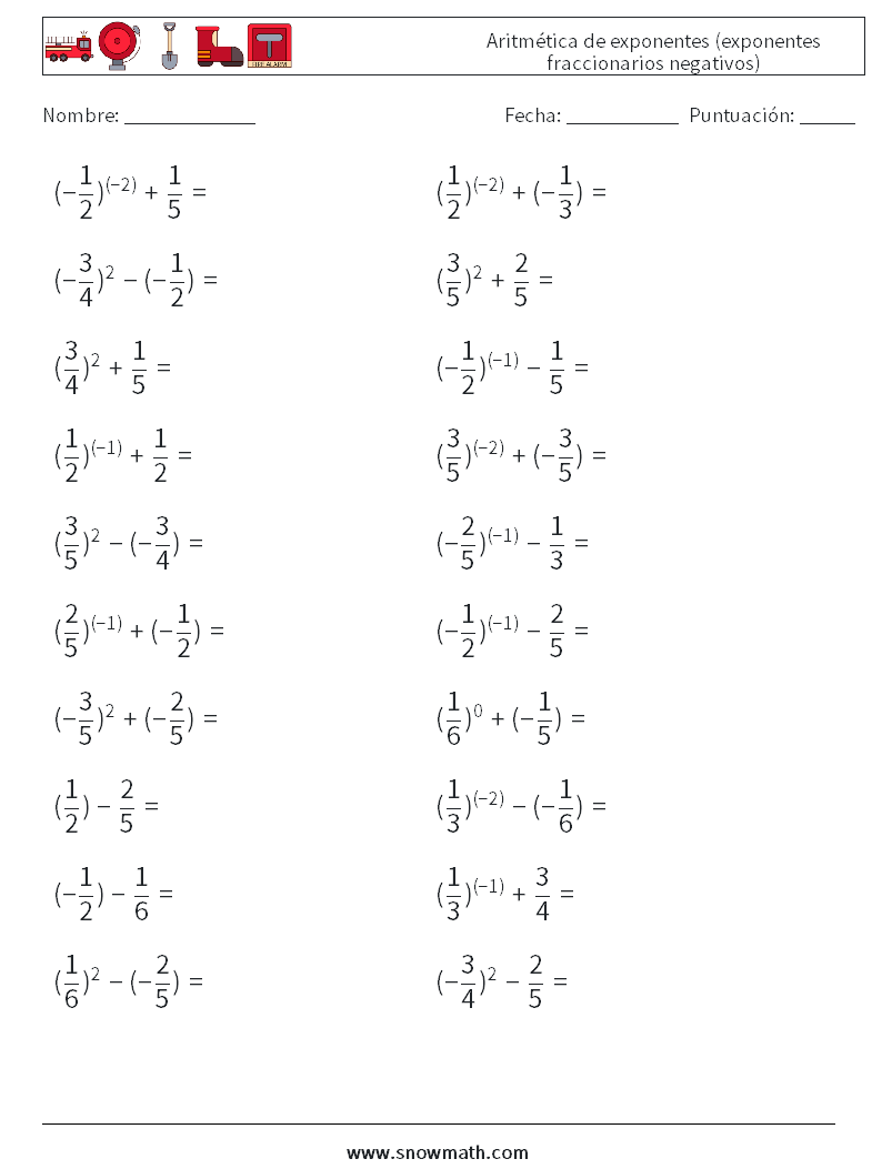  Aritmética de exponentes (exponentes fraccionarios negativos) Hojas de trabajo de matemáticas 5