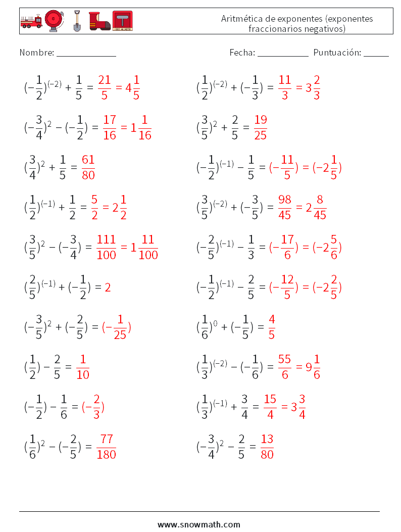  Aritmética de exponentes (exponentes fraccionarios negativos) Hojas de trabajo de matemáticas 5 Pregunta, respuesta