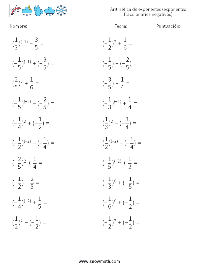  Aritmética de exponentes (exponentes fraccionarios negativos) Hojas de trabajo de matemáticas 6