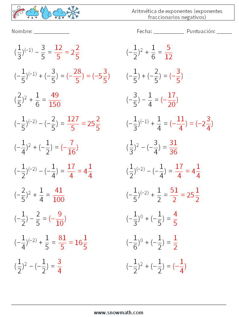  Aritmética de exponentes (exponentes fraccionarios negativos) Hojas de trabajo de matemáticas 6 Pregunta, respuesta