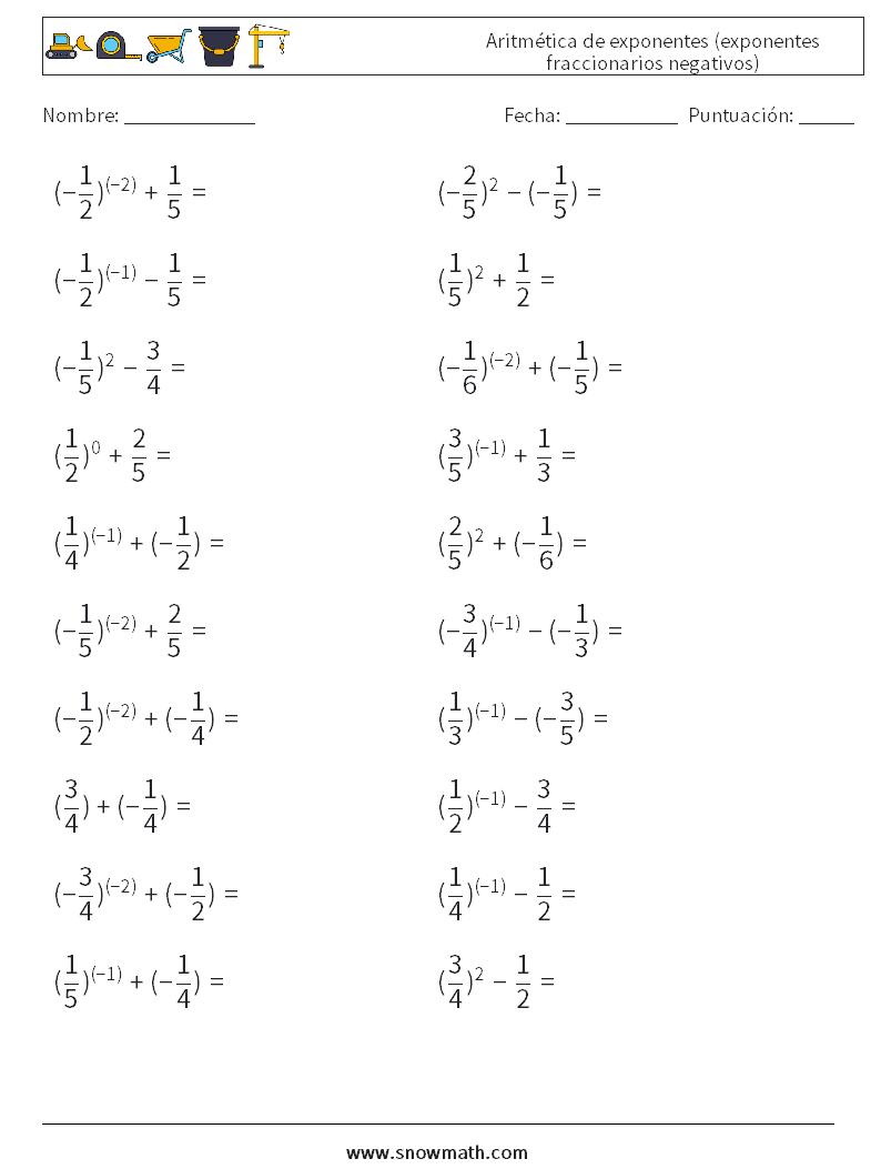  Aritmética de exponentes (exponentes fraccionarios negativos) Hojas de trabajo de matemáticas 7