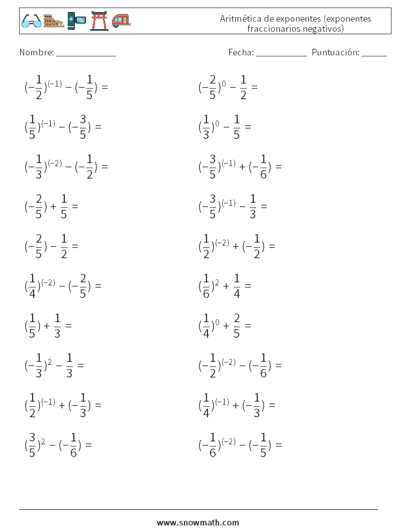  Aritmética de exponentes (exponentes fraccionarios negativos) Hojas de trabajo de matemáticas 8