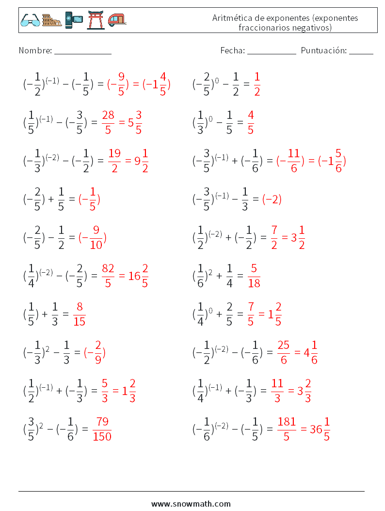  Aritmética de exponentes (exponentes fraccionarios negativos) Hojas de trabajo de matemáticas 8 Pregunta, respuesta