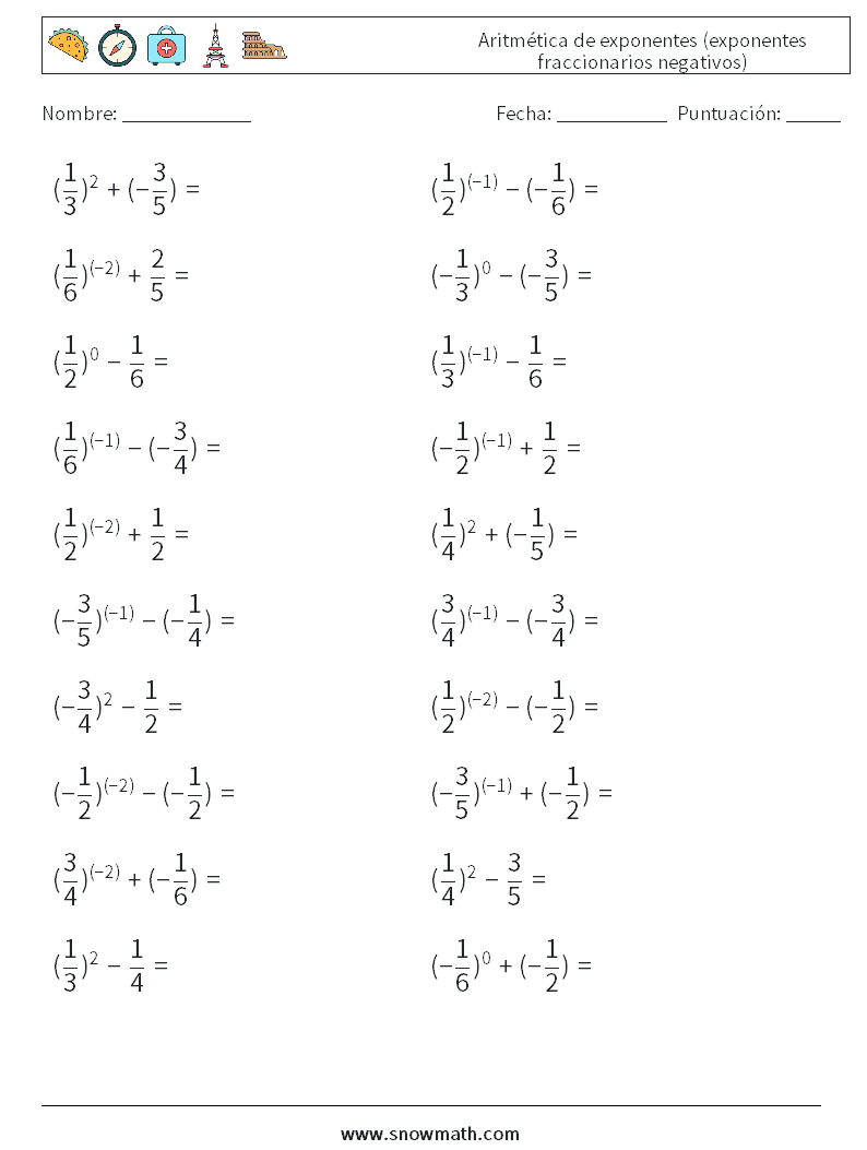  Aritmética de exponentes (exponentes fraccionarios negativos) Hojas de trabajo de matemáticas 9