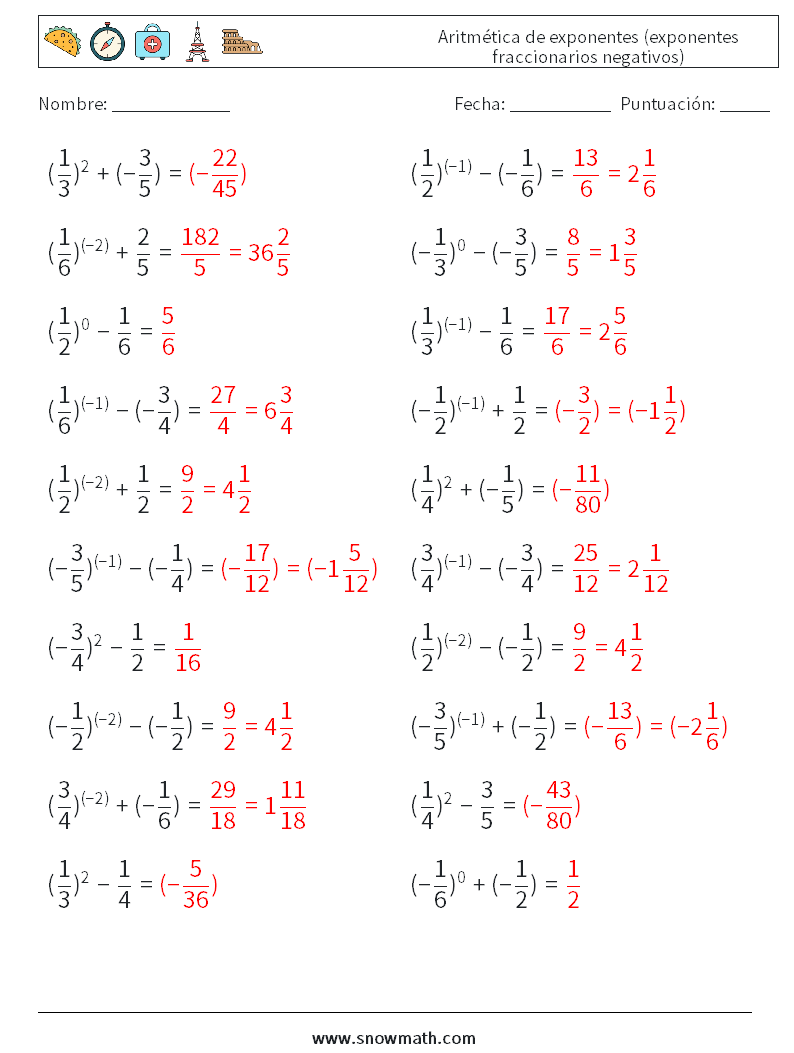  Aritmética de exponentes (exponentes fraccionarios negativos) Hojas de trabajo de matemáticas 9 Pregunta, respuesta