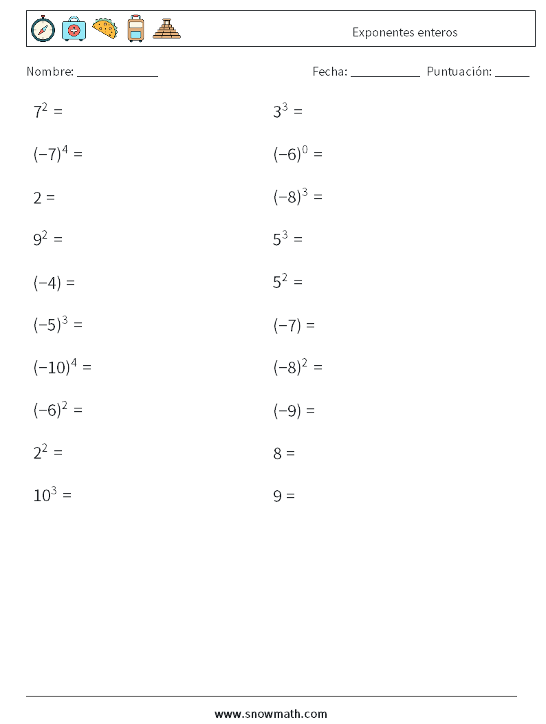 Exponentes enteros Hojas de trabajo de matemáticas 1