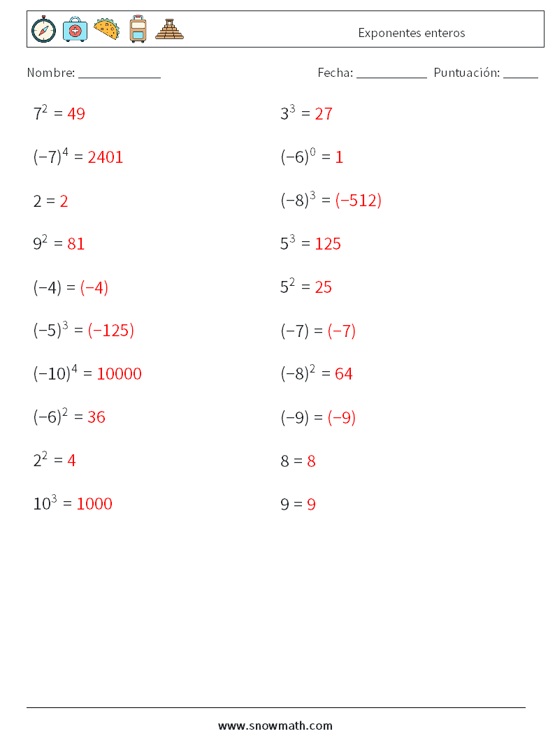 Exponentes enteros Hojas de trabajo de matemáticas 1 Pregunta, respuesta