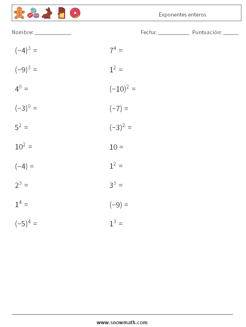 Exponentes enteros Hojas de trabajo de matemáticas 2