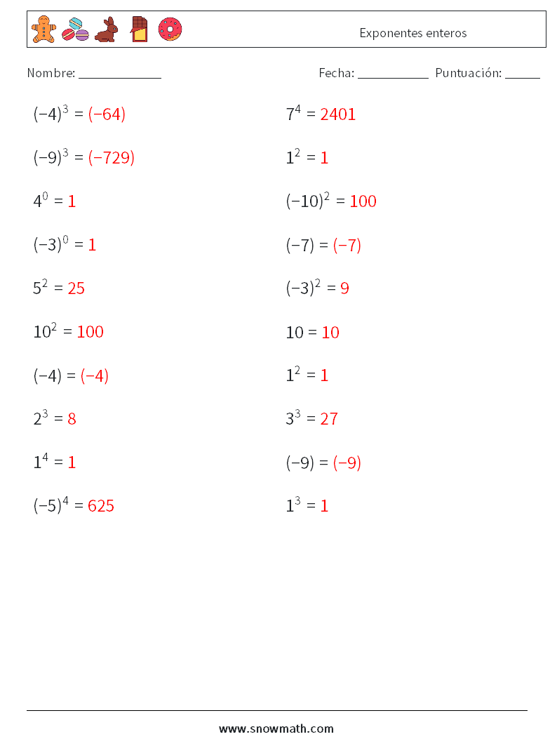 Exponentes enteros Hojas de trabajo de matemáticas 2 Pregunta, respuesta