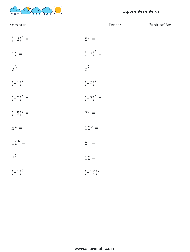 Exponentes enteros Hojas de trabajo de matemáticas 3