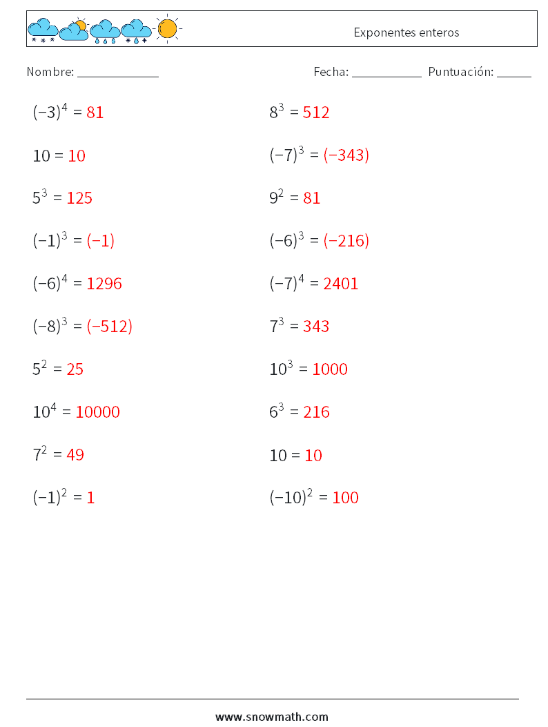 Exponentes enteros Hojas de trabajo de matemáticas 3 Pregunta, respuesta