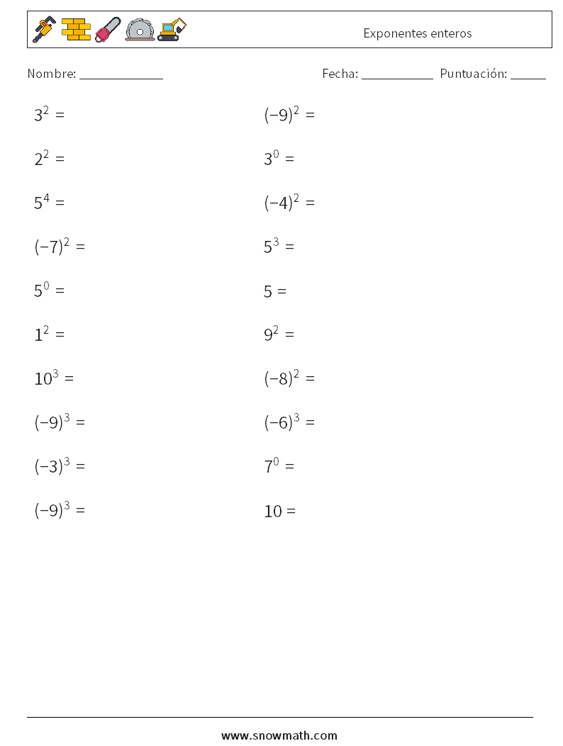 Exponentes enteros Hojas de trabajo de matemáticas 4