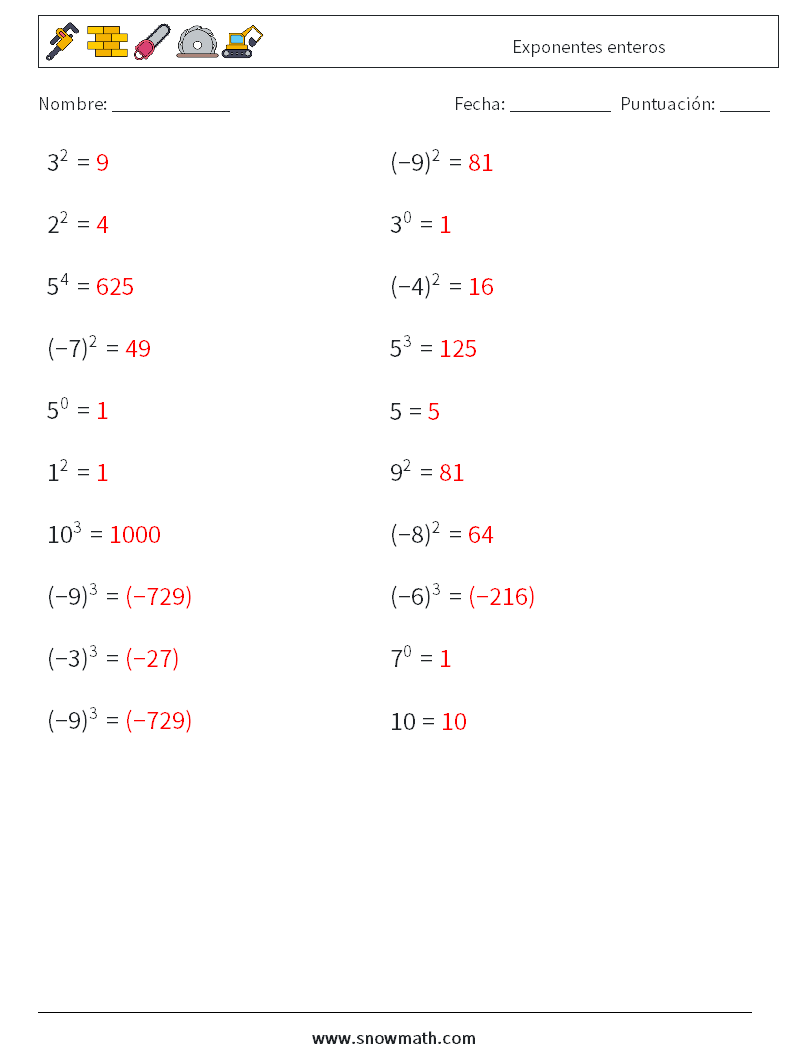 Exponentes enteros Hojas de trabajo de matemáticas 4 Pregunta, respuesta