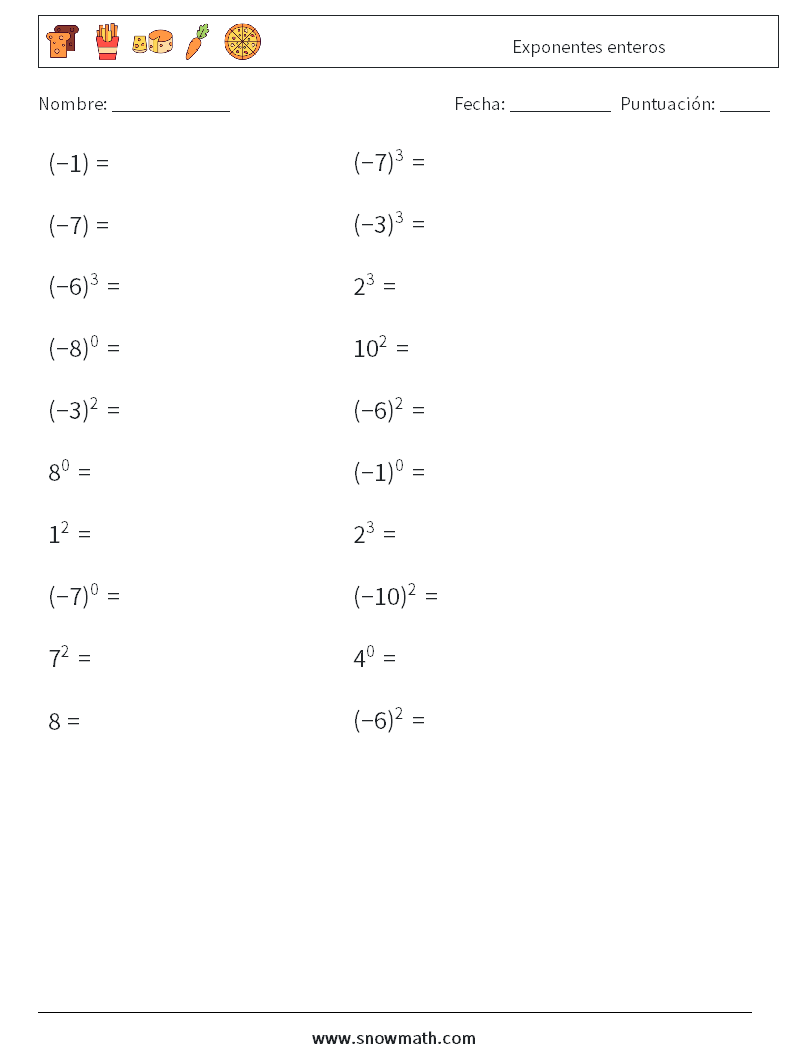 Exponentes enteros Hojas de trabajo de matemáticas 5