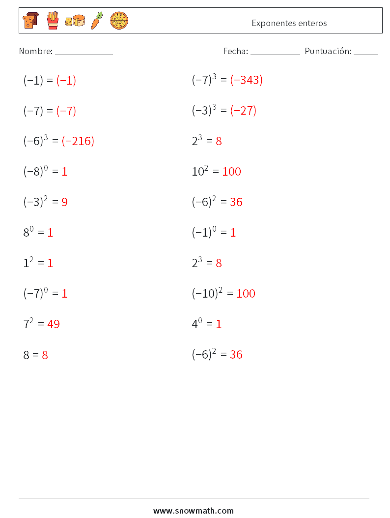 Exponentes enteros Hojas de trabajo de matemáticas 5 Pregunta, respuesta