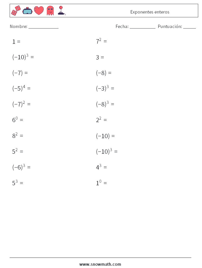 Exponentes enteros Hojas de trabajo de matemáticas 6