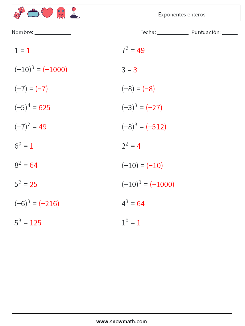 Exponentes enteros Hojas de trabajo de matemáticas 6 Pregunta, respuesta