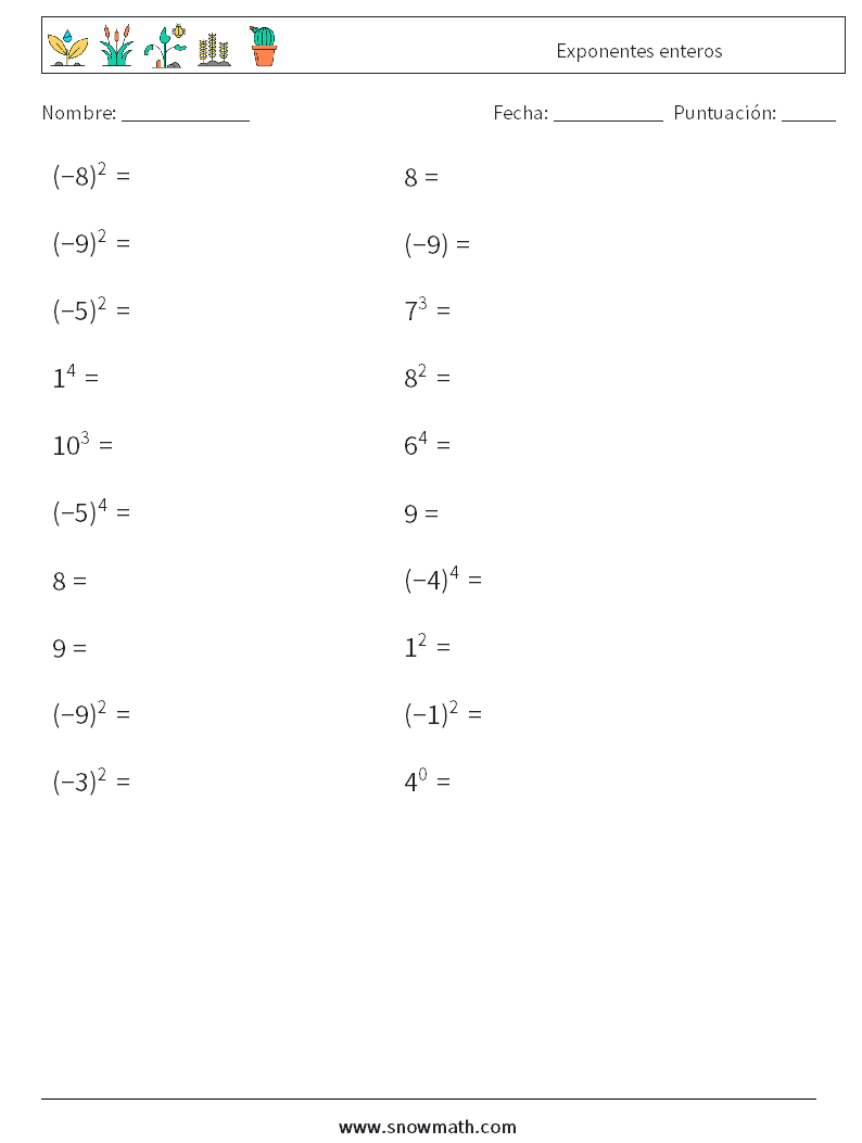 Exponentes enteros Hojas de trabajo de matemáticas 7