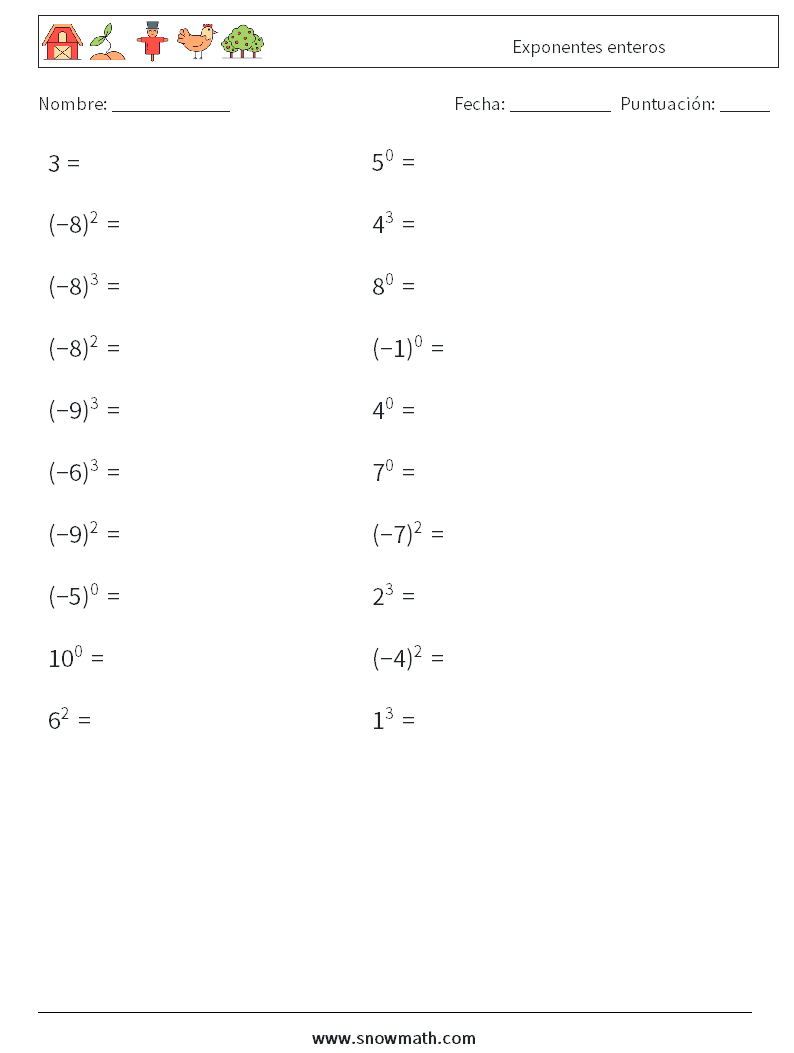 Exponentes enteros Hojas de trabajo de matemáticas 8