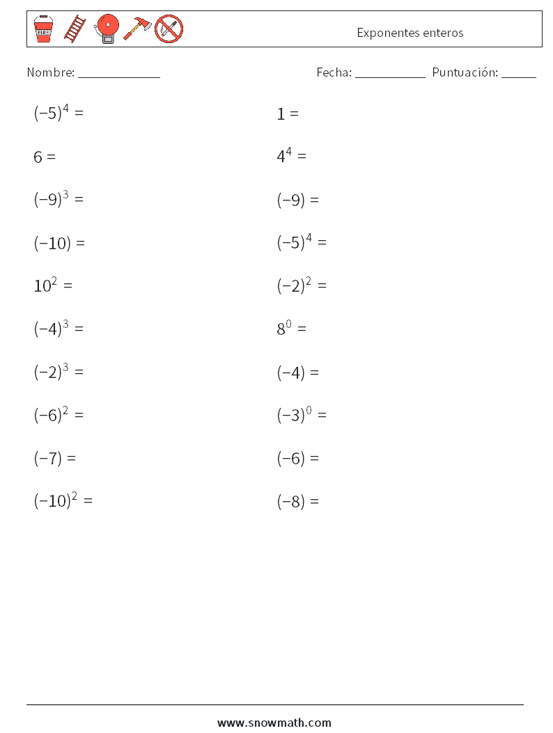 Exponentes enteros Hojas de trabajo de matemáticas 9