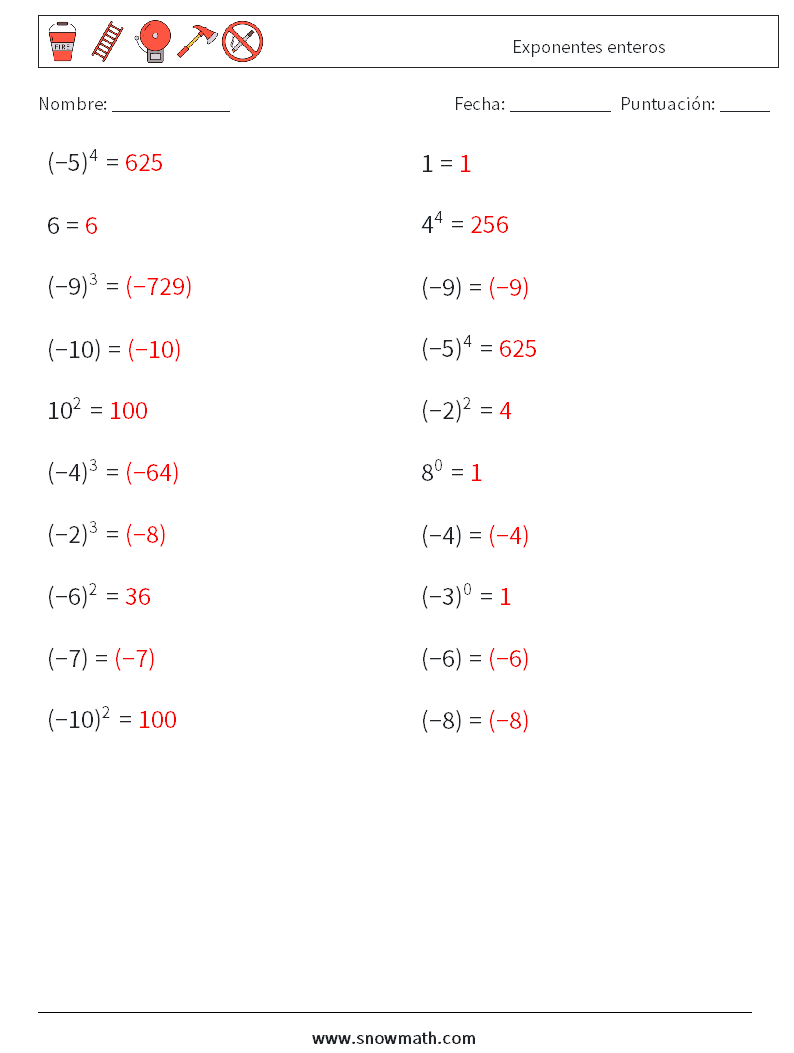 Exponentes enteros Hojas de trabajo de matemáticas 9 Pregunta, respuesta