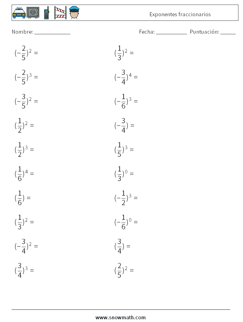 Exponentes fraccionarios Hojas de trabajo de matemáticas 1