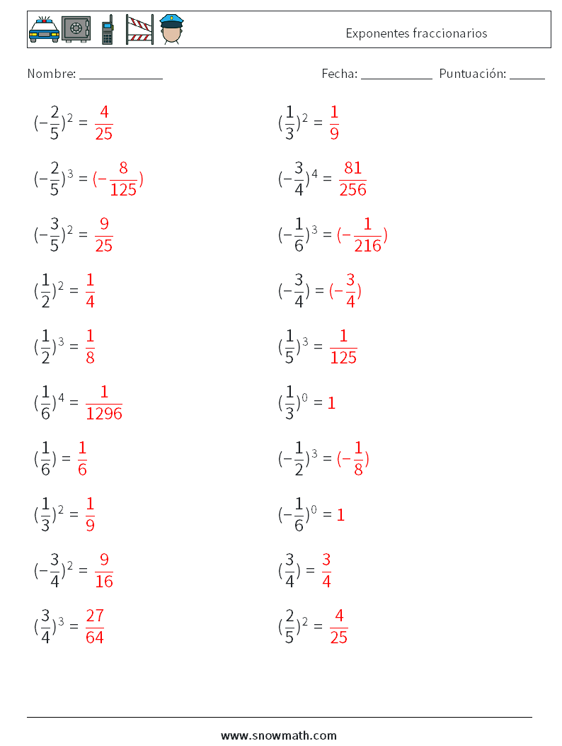 Exponentes fraccionarios Hojas de trabajo de matemáticas 1 Pregunta, respuesta